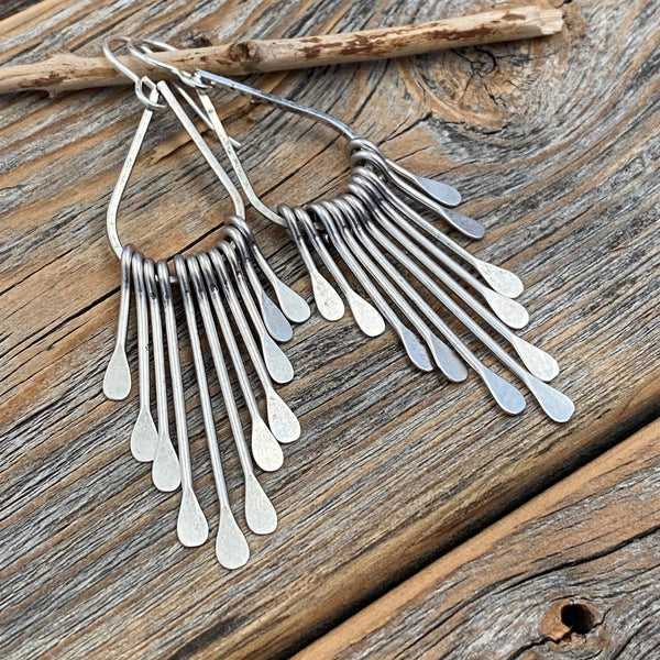 Silver Plated Brass Teardrop Fan Earrings, Boho Geometric Dangle Jewelry
