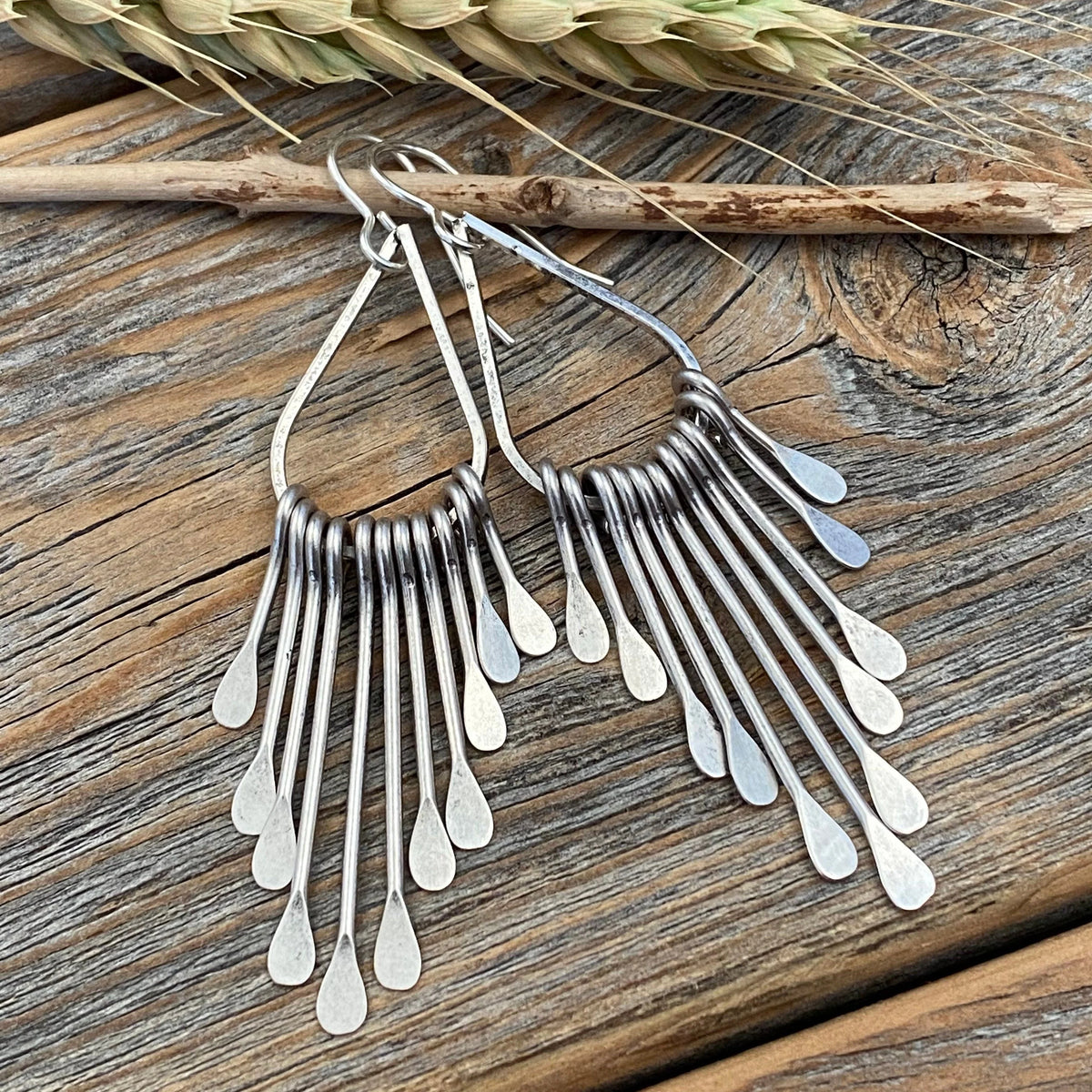 Silver Plated Brass Teardrop Fan Earrings, Boho Geometric Dangle Jewelry