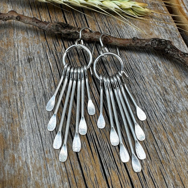 Silver Plated Fringe Earrings – Boho Paddle Dangle, Sterling Silver Ear Wire