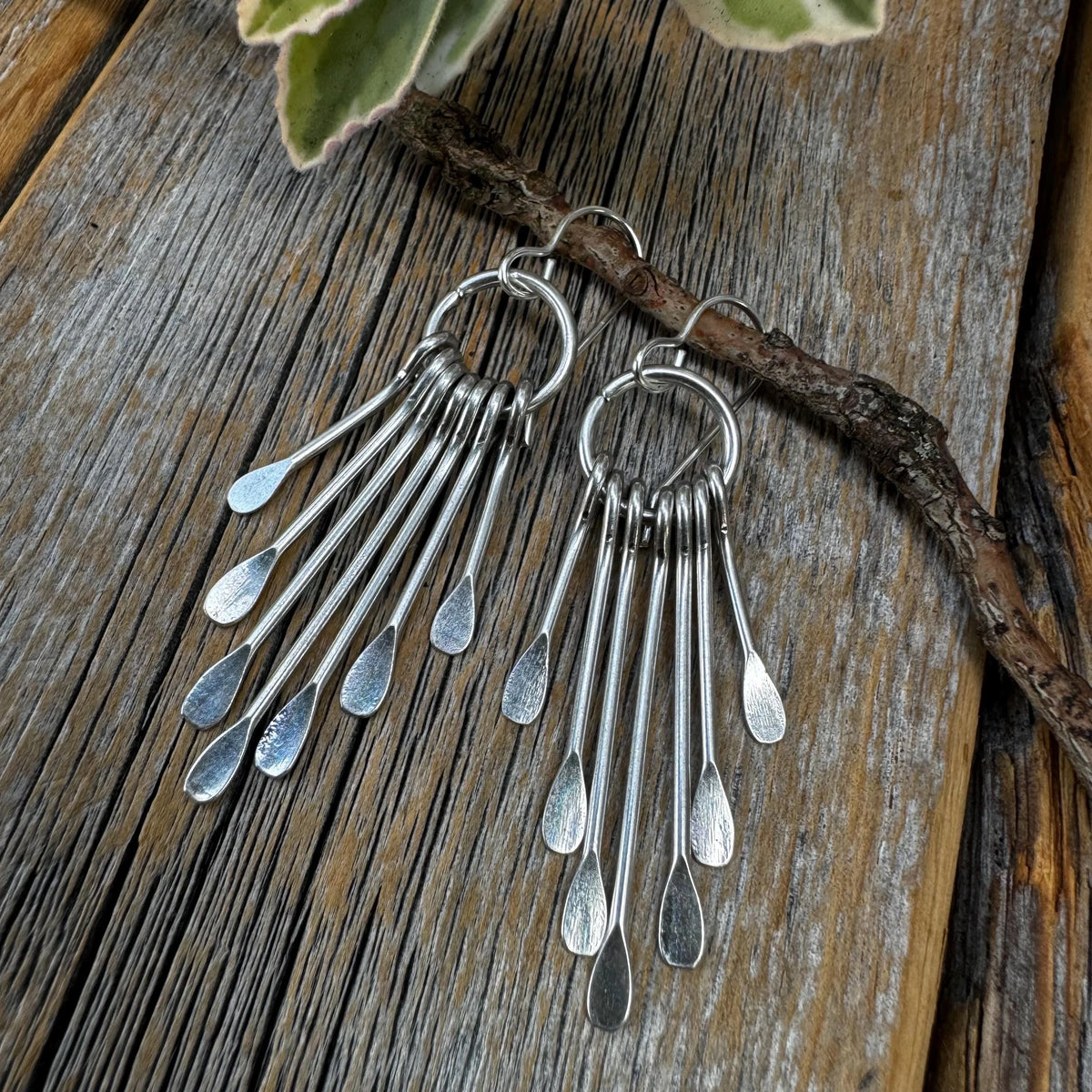 Silver Plated Fringe Earrings – Boho Paddle Dangle, Sterling Silver Ear Wire
