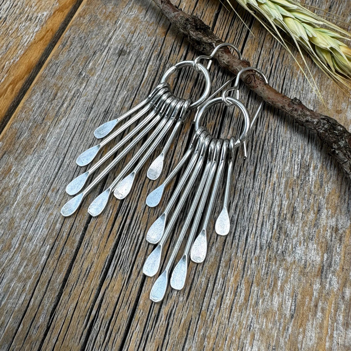 Silver Plated Fringe Earrings – Boho Paddle Dangle, Sterling Silver Ear Wire