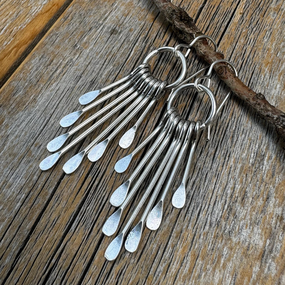Silver Plated Fringe Earrings – Boho Paddle Dangle, Sterling Silver Ear Wire