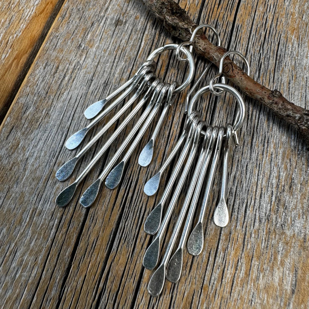 Silver Plated Fringe Earrings – Boho Paddle Dangle, Sterling Silver Ear Wire