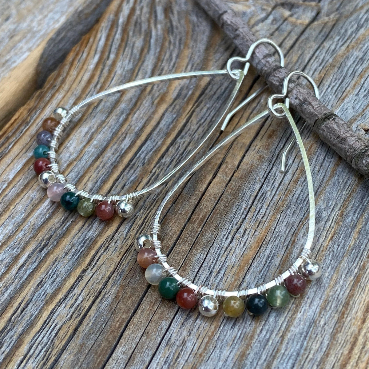 Silver Teardrop Jasper Earrings, Wire Wrapped Boho Jewelry