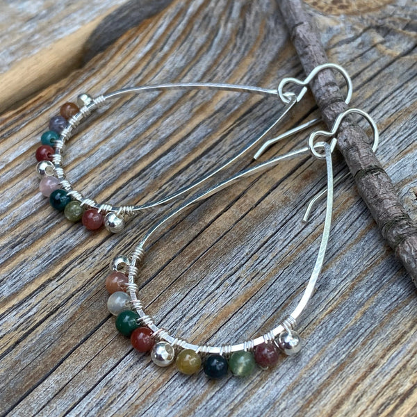 Silver Teardrop Jasper Earrings, Wire Wrapped Boho Jewelry