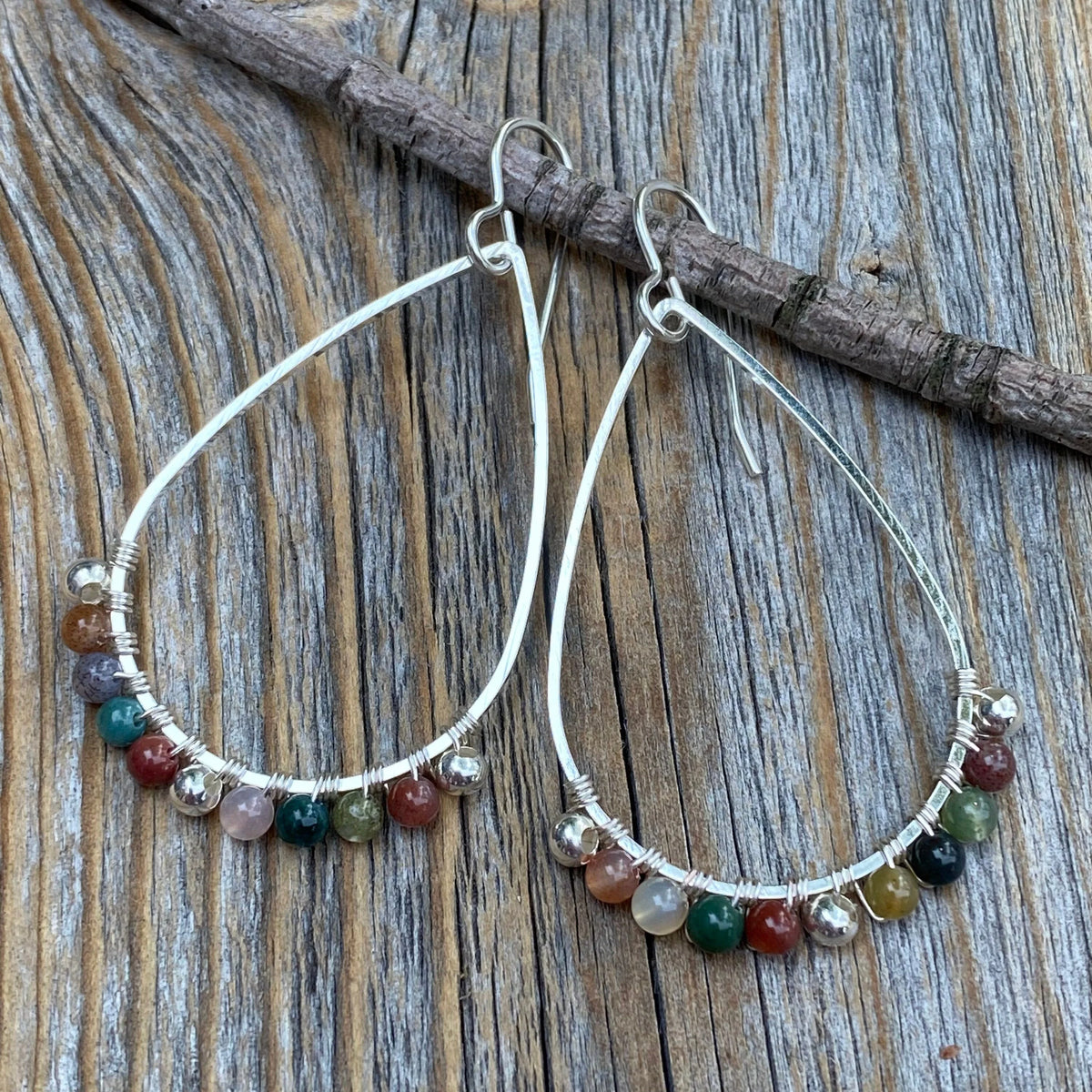 Silver Teardrop Jasper Earrings, Wire Wrapped Boho Jewelry
