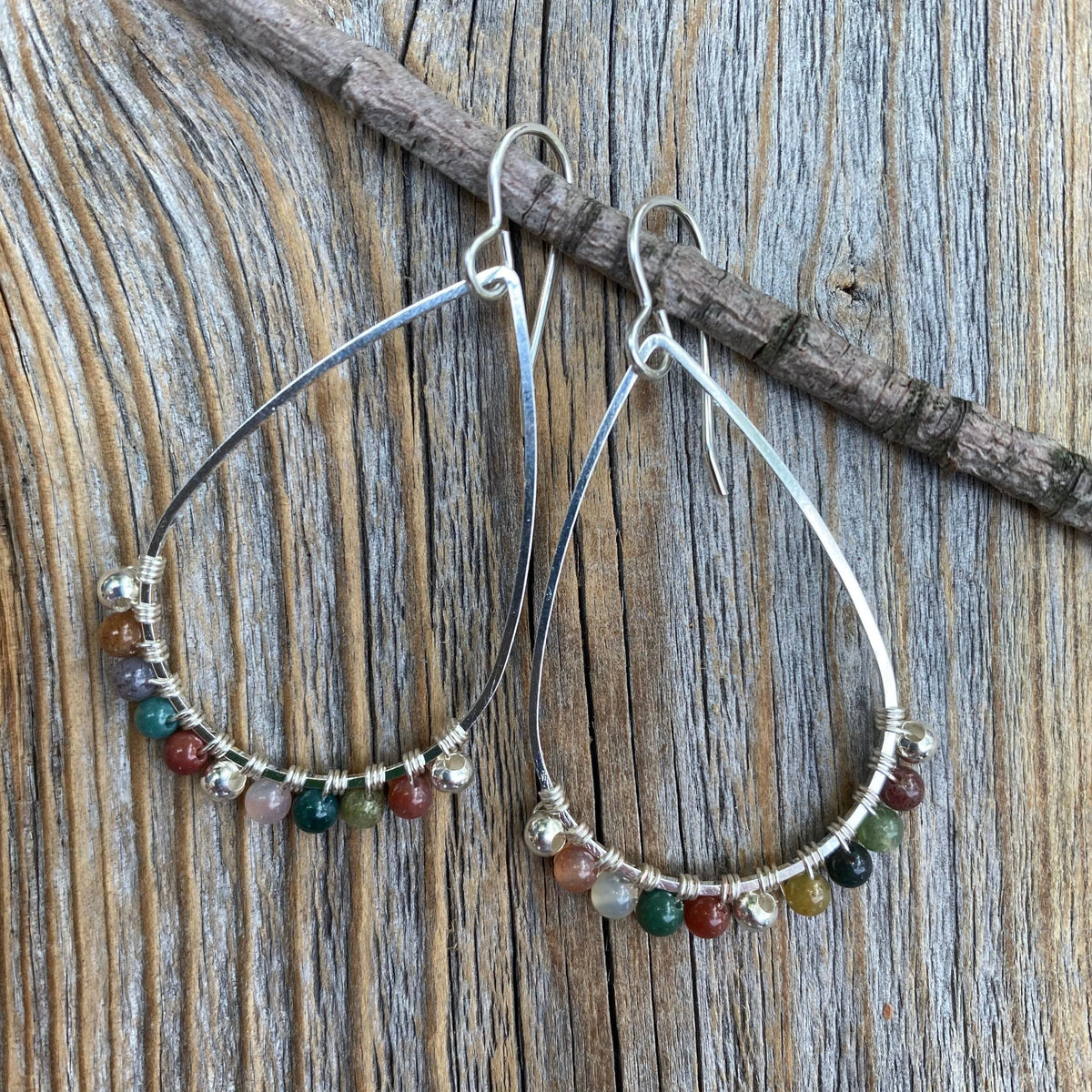 Silver Teardrop Jasper Earrings, Wire Wrapped Boho Jewelry
