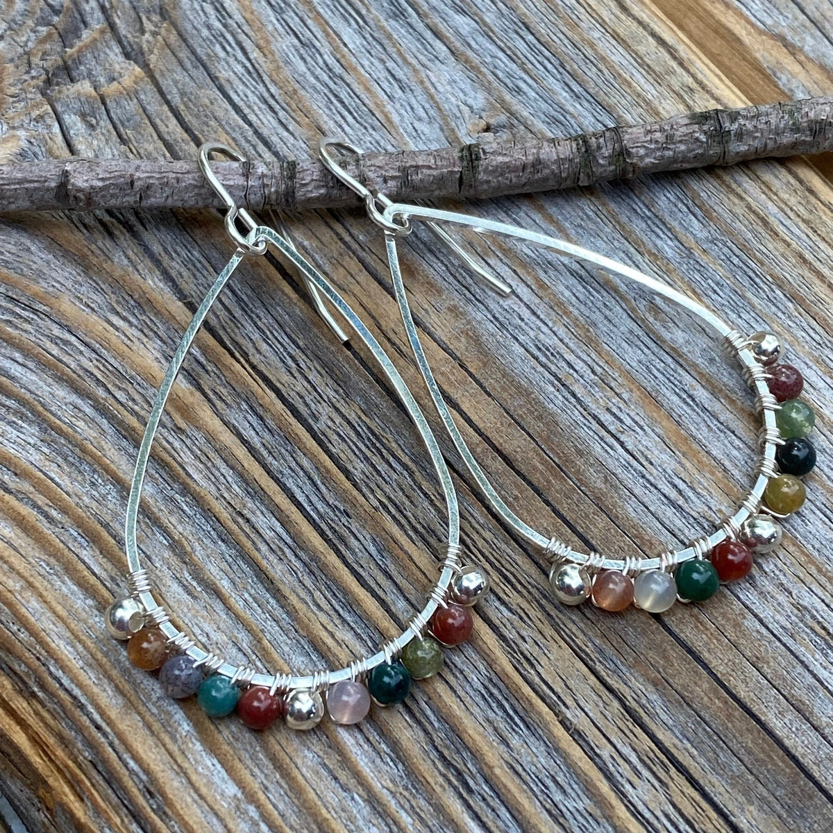 Silver Teardrop Jasper Earrings, Wire Wrapped Boho Jewelry