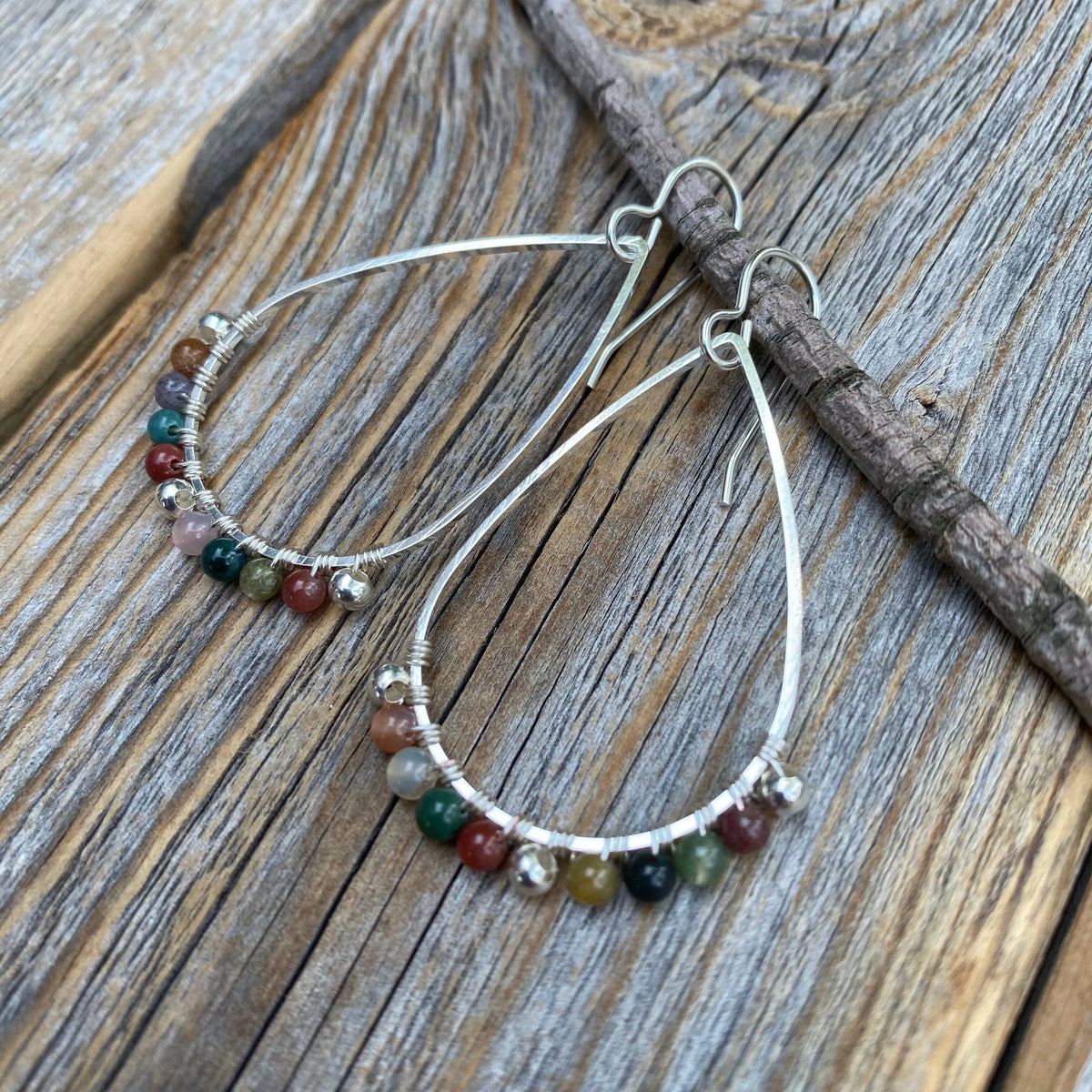 Silver Teardrop Jasper Earrings, Wire Wrapped Boho Jewelry