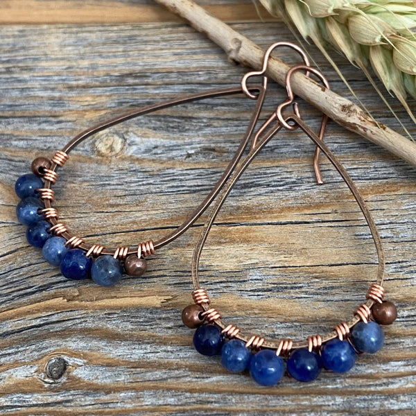 Sodalite Teardrop Earrings, Copper Wire Wrapped, Bohemian Jewelry