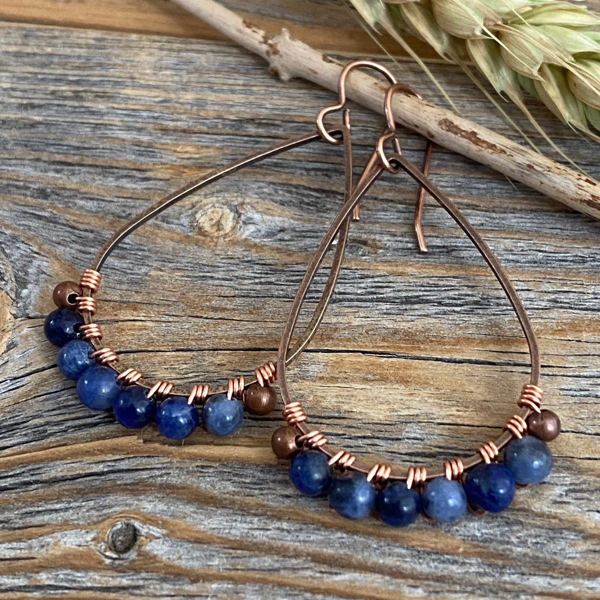 Sodalite Teardrop Earrings, Copper Wire Wrapped, Bohemian Jewelry