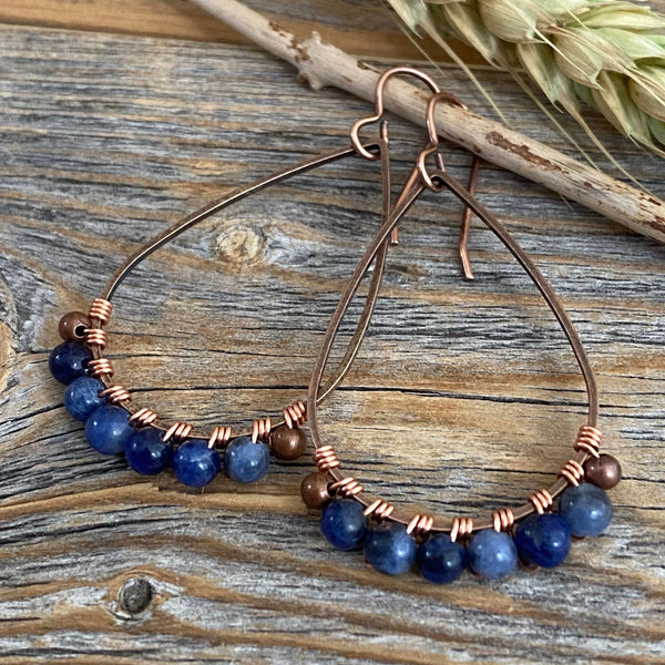 Sodalite Teardrop Earrings, Copper Wire Wrapped, Bohemian Jewelry