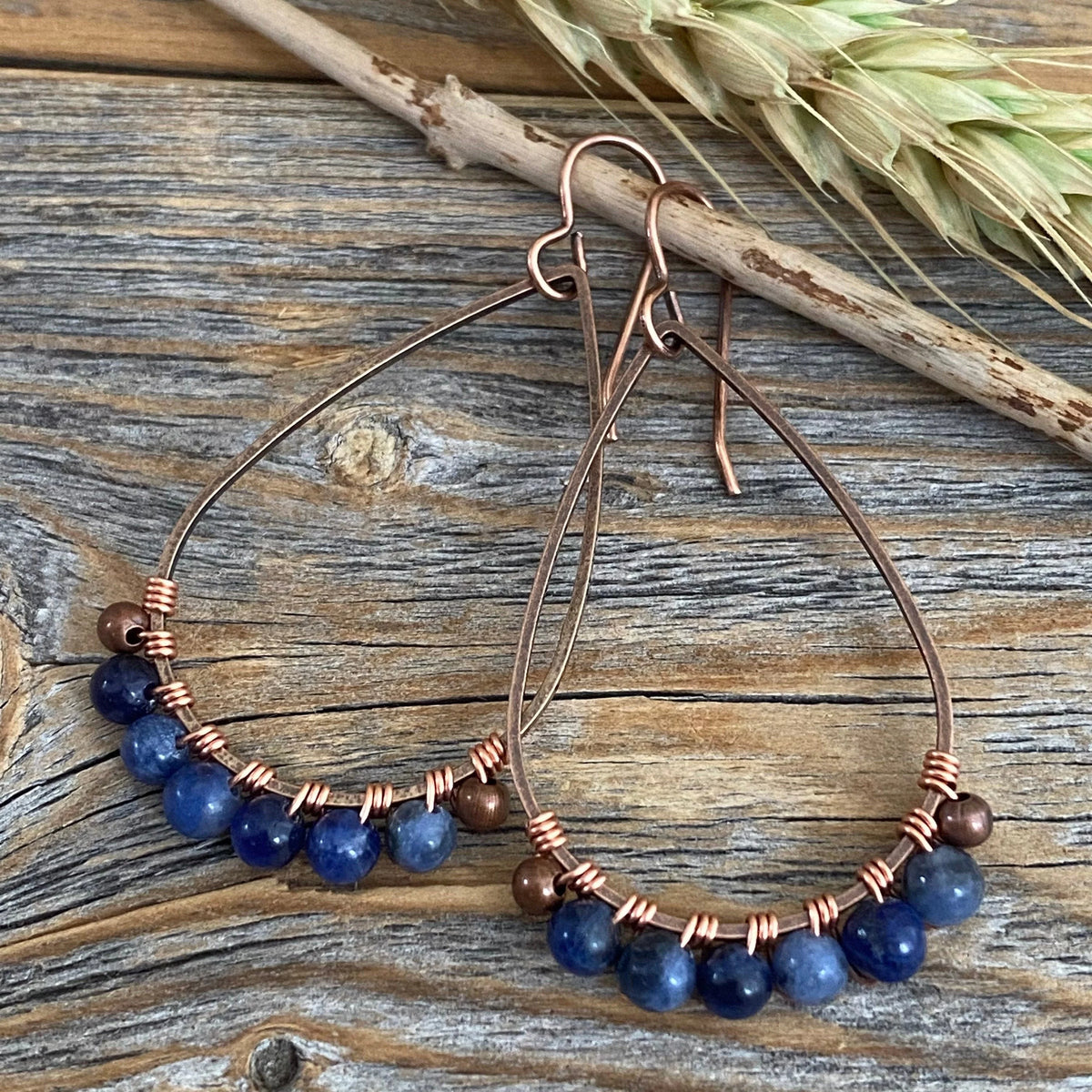 Sodalite Teardrop Earrings, Copper Wire Wrapped, Bohemian Jewelry