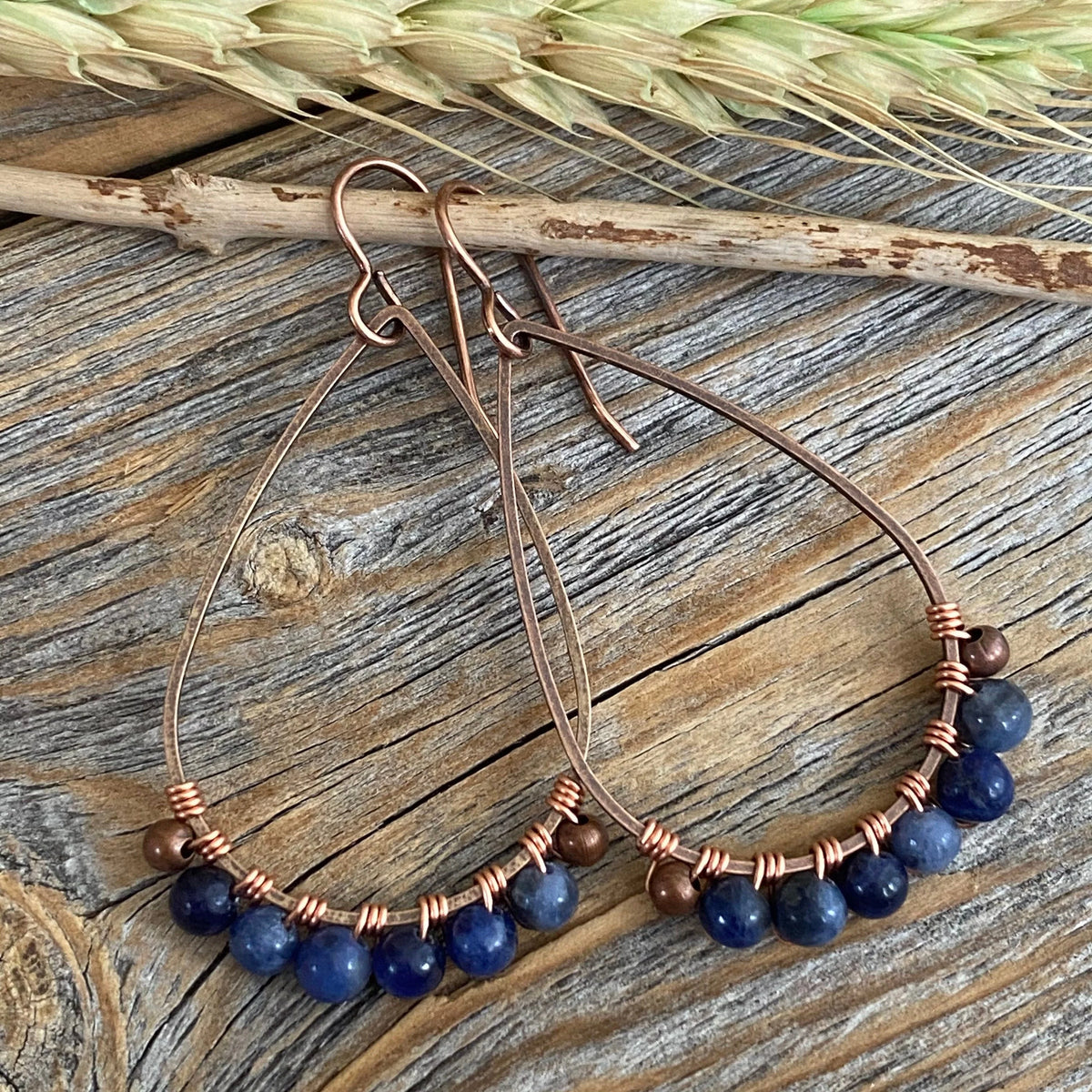 Sodalite Teardrop Earrings, Copper Wire Wrapped, Bohemian Jewelry