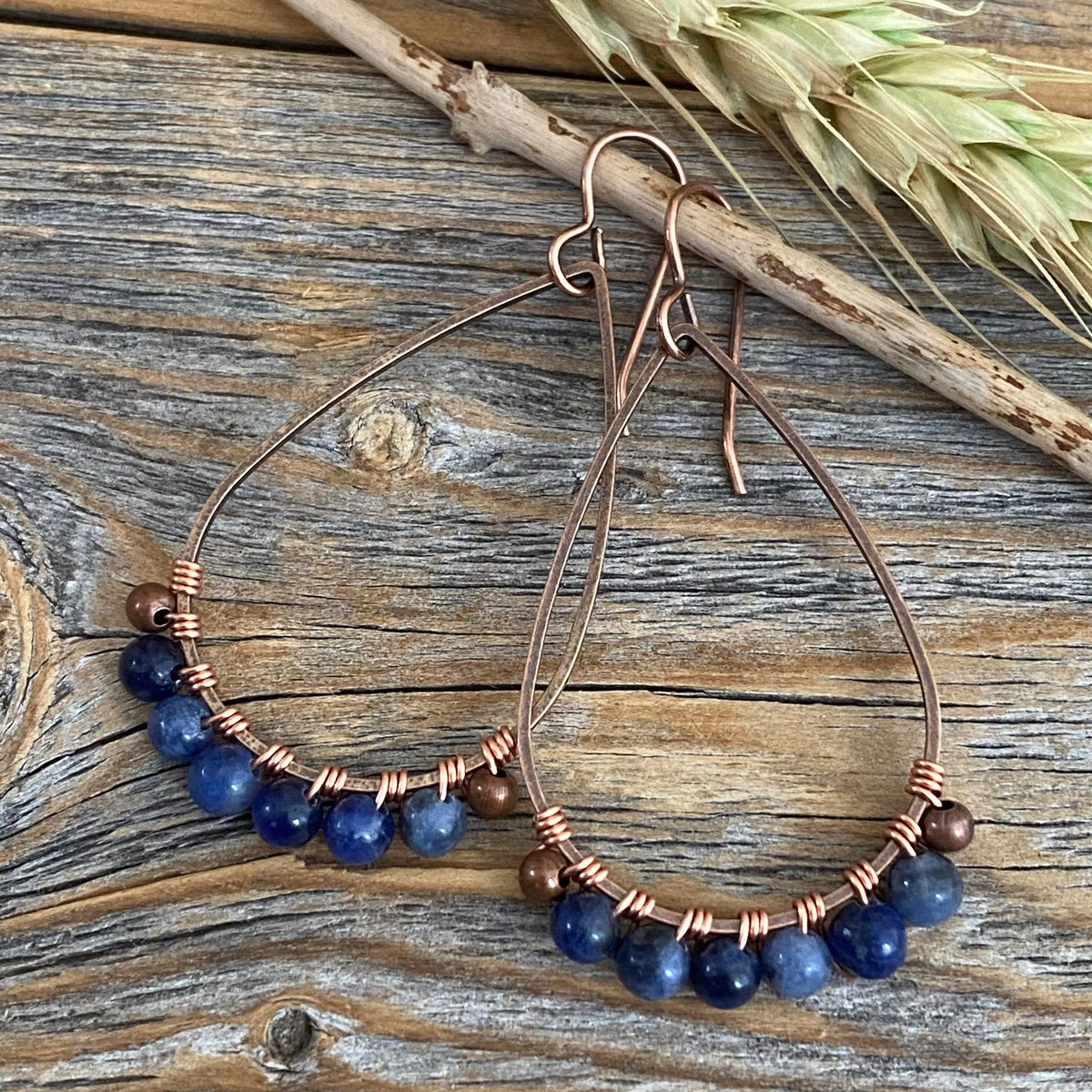 Sodalite Teardrop Earrings, Copper Wire Wrapped, Bohemian Jewelry