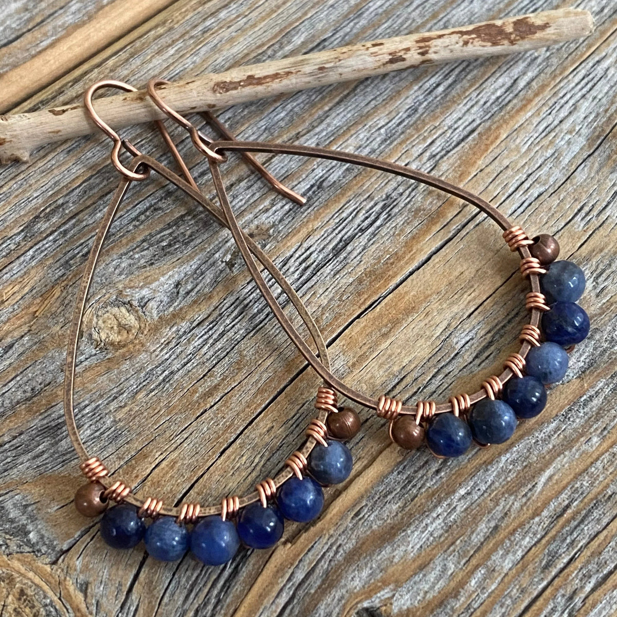 Sodalite Teardrop Earrings, Copper Wire Wrapped, Bohemian Jewelry