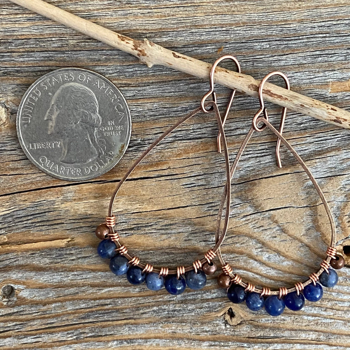 Sodalite Teardrop Earrings, Copper Wire Wrapped, Bohemian Jewelry