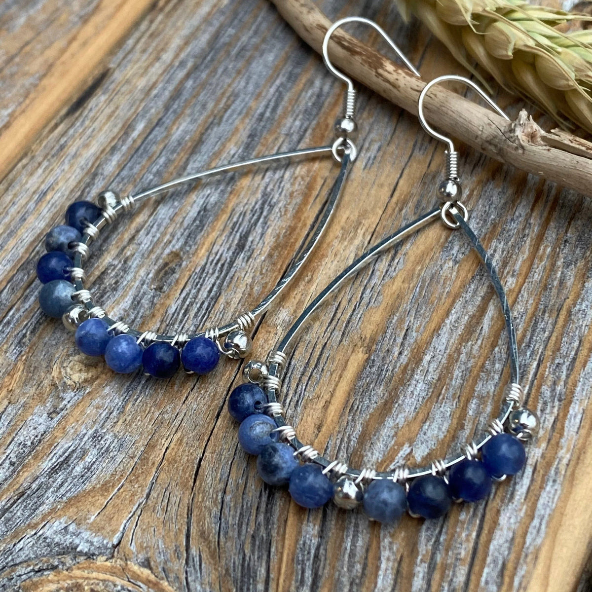 Sodalite Teardrop Earrings, Silver Wire Wrapped, Natural Stone Jewelry