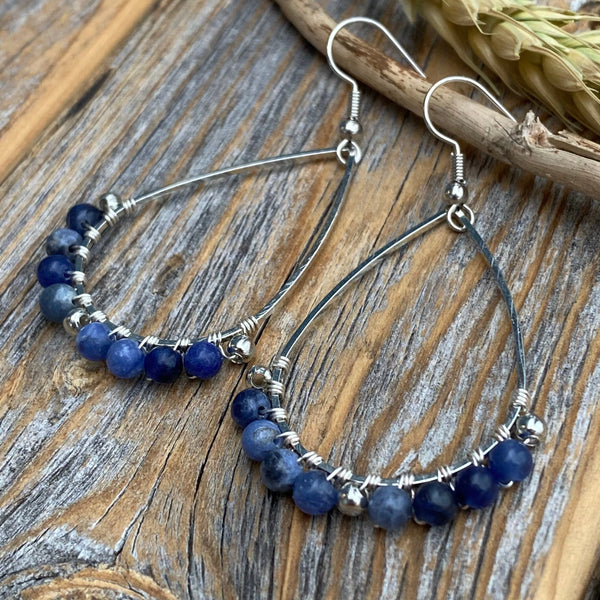 Sodalite Teardrop Earrings, Silver Wire Wrapped, Natural Stone Jewelry