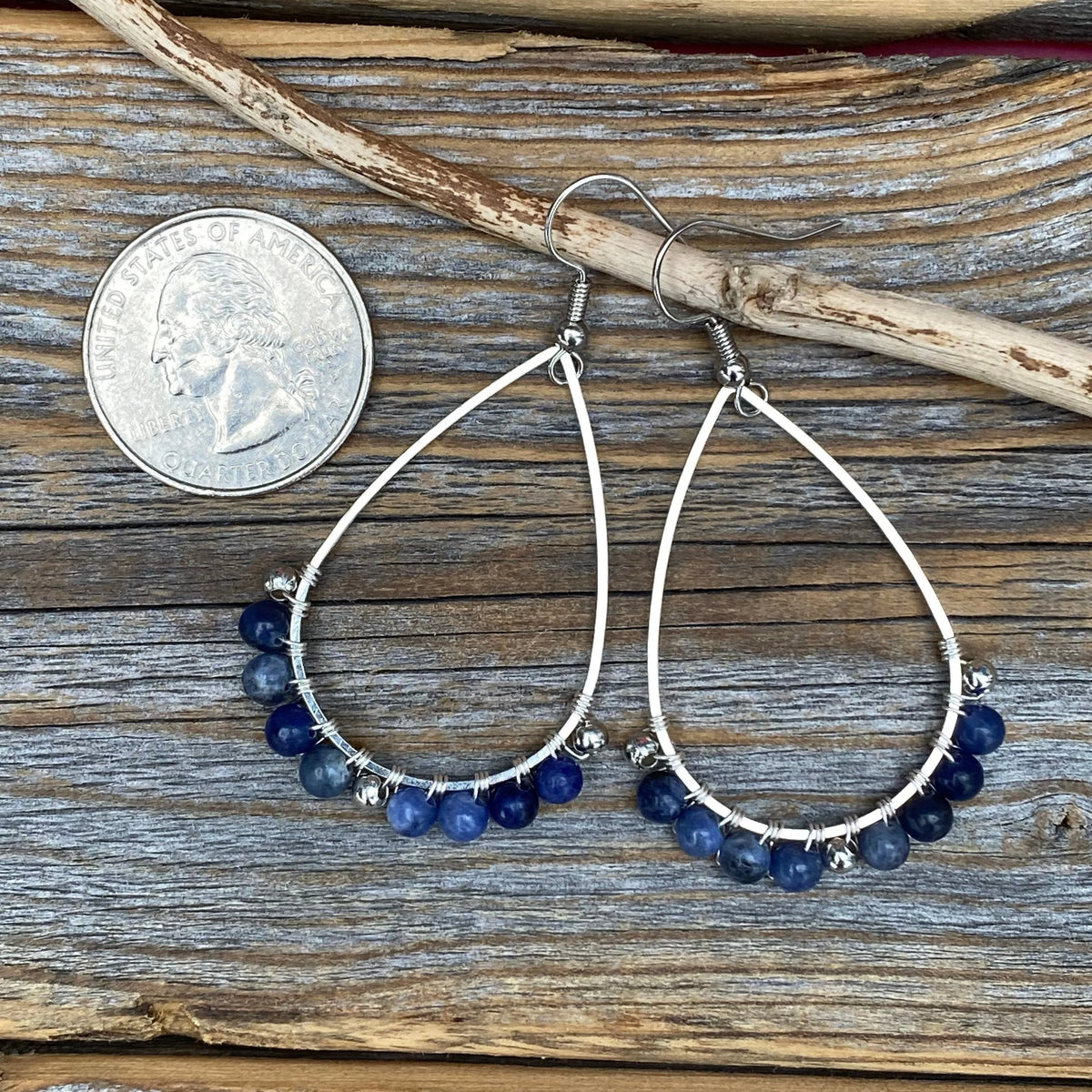 Sodalite Teardrop Earrings, Silver Wire Wrapped, Natural Stone Jewelry