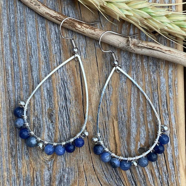 Sodalite Teardrop Earrings, Silver Wire Wrapped, Natural Stone Jewelry