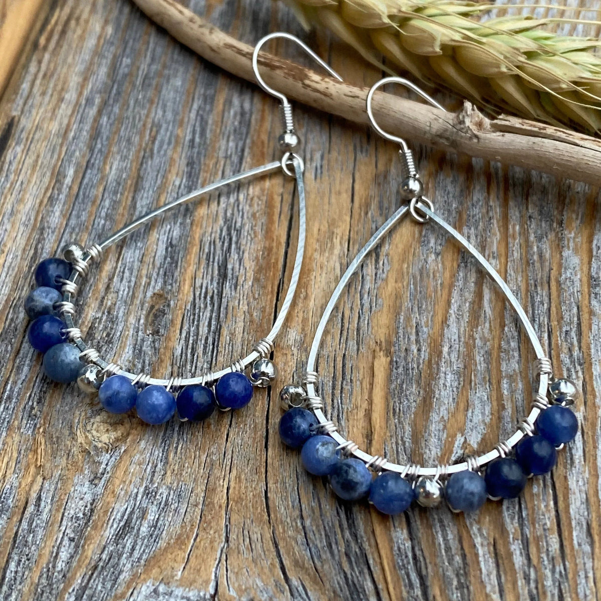 Sodalite Teardrop Earrings, Silver Wire Wrapped, Natural Stone Jewelry