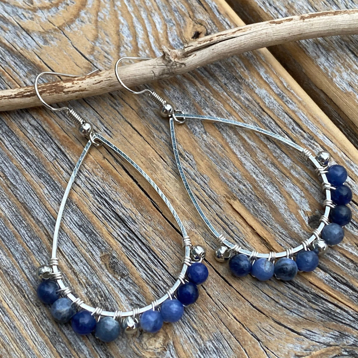 Sodalite Teardrop Earrings, Silver Wire Wrapped, Natural Stone Jewelry