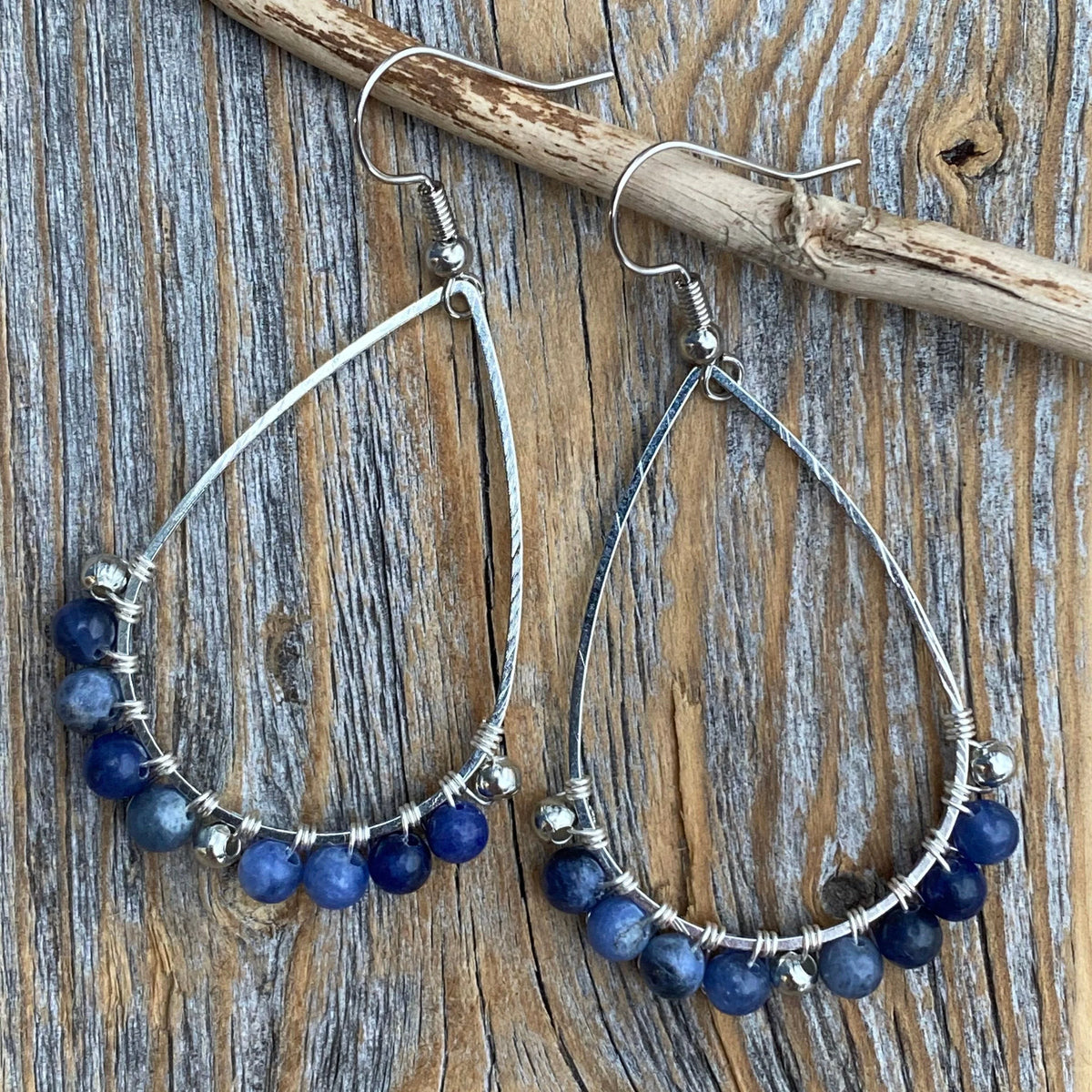 Sodalite Teardrop Earrings, Silver Wire Wrapped, Natural Stone Jewelry