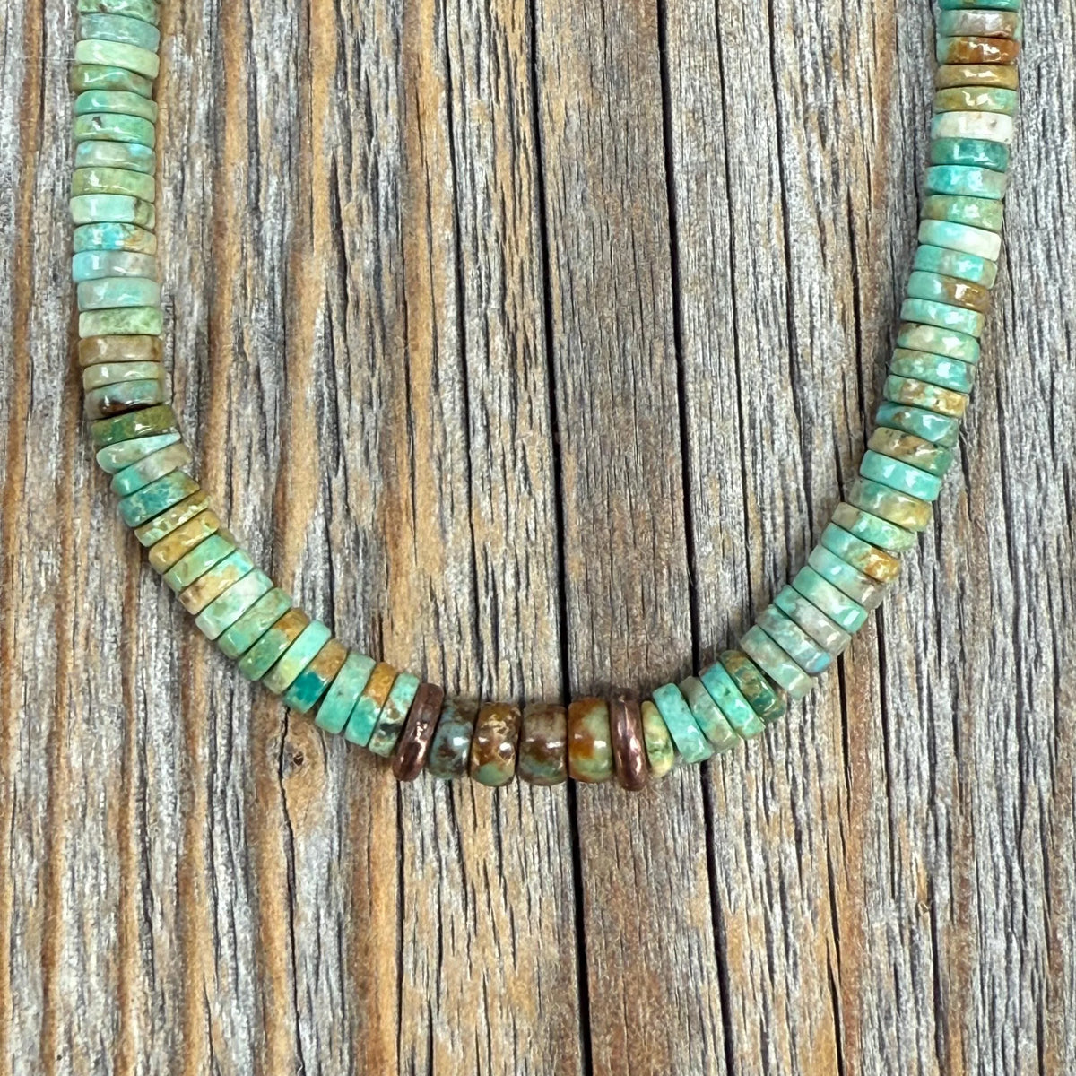 Southwestern Turquoise Heishi Bead Necklace, Hand-Strung 5mm Natural Green and Brown Gemstone Beads, Copper Clasp, Unisex Gift