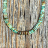 Southwestern Turquoise Heishi Bead Necklace, Hand-Strung 5mm Natural Green and Brown Gemstone Beads, Copper Clasp, Unisex Gift