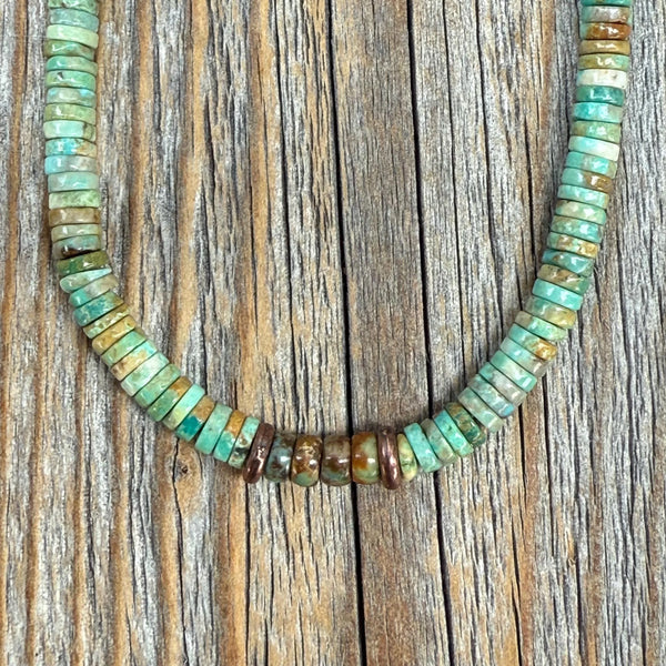 Southwestern Turquoise Heishi Bead Necklace, Hand-Strung 5mm Natural Green and Brown Gemstone Beads, Copper Clasp, Unisex Gift