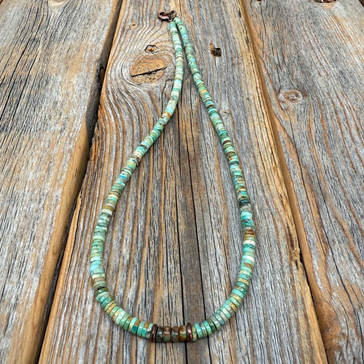 Southwestern Turquoise Heishi Bead Necklace, Hand-Strung 5mm Natural Green and Brown Gemstone Beads, Copper Clasp, Unisex Gift