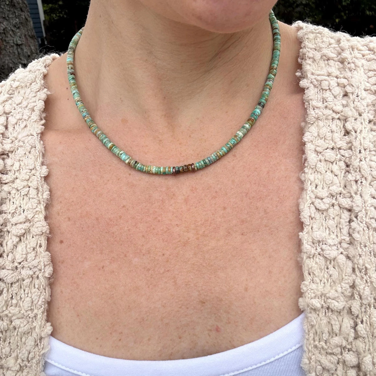 Southwestern Turquoise Heishi Bead Necklace, Hand-Strung 5mm Natural Green and Brown Gemstone Beads, Copper Clasp, Unisex Gift