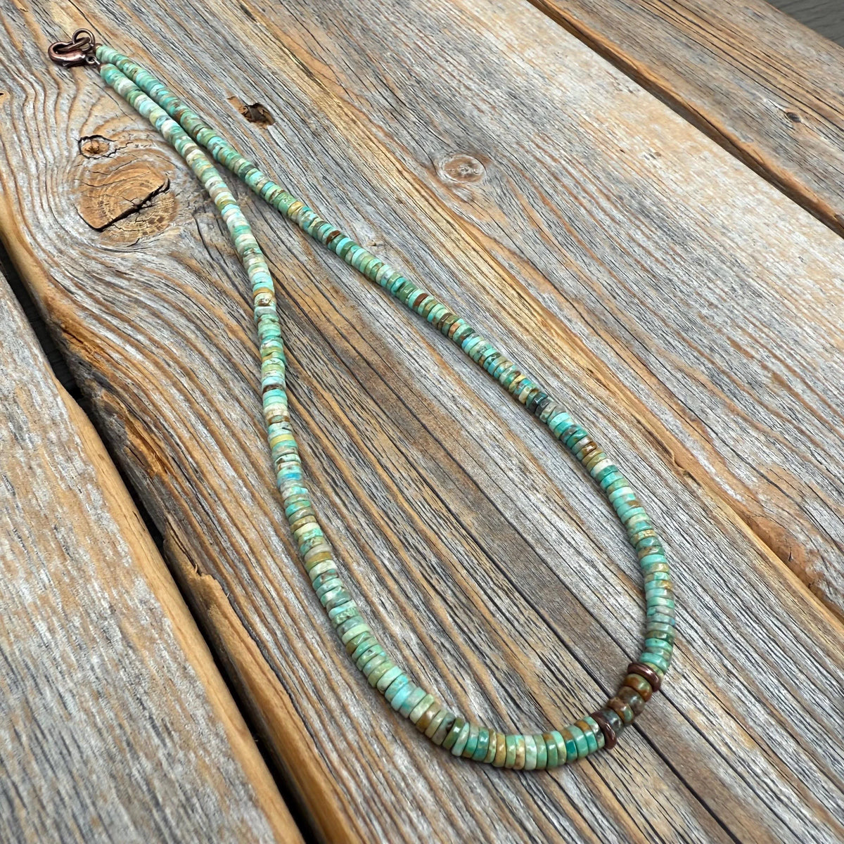 Southwestern Turquoise Heishi Bead Necklace, Hand-Strung 5mm Natural Green and Brown Gemstone Beads, Copper Clasp, Unisex Gift