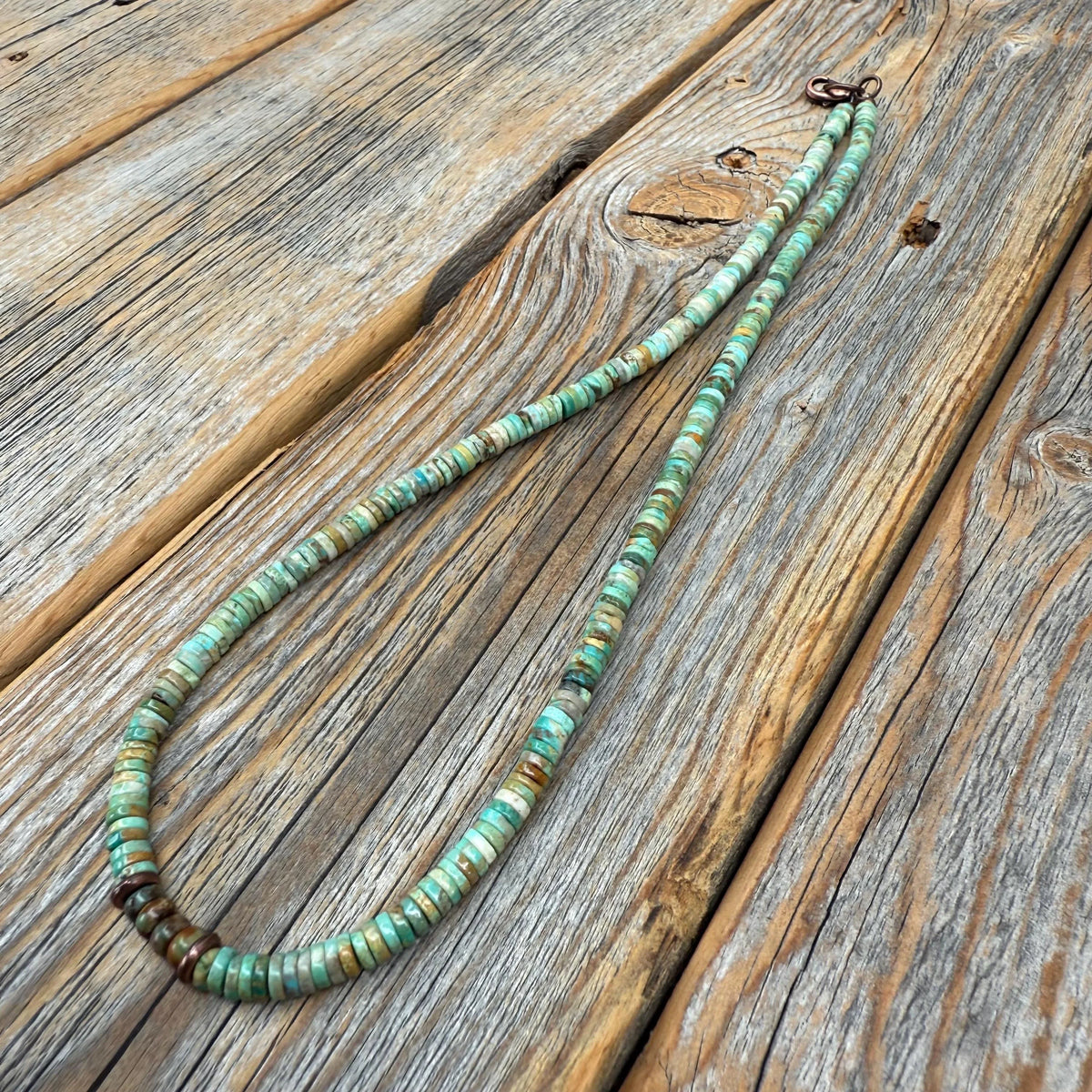Southwestern Turquoise Heishi Bead Necklace, Hand-Strung 5mm Natural Green and Brown Gemstone Beads, Copper Clasp, Unisex Gift