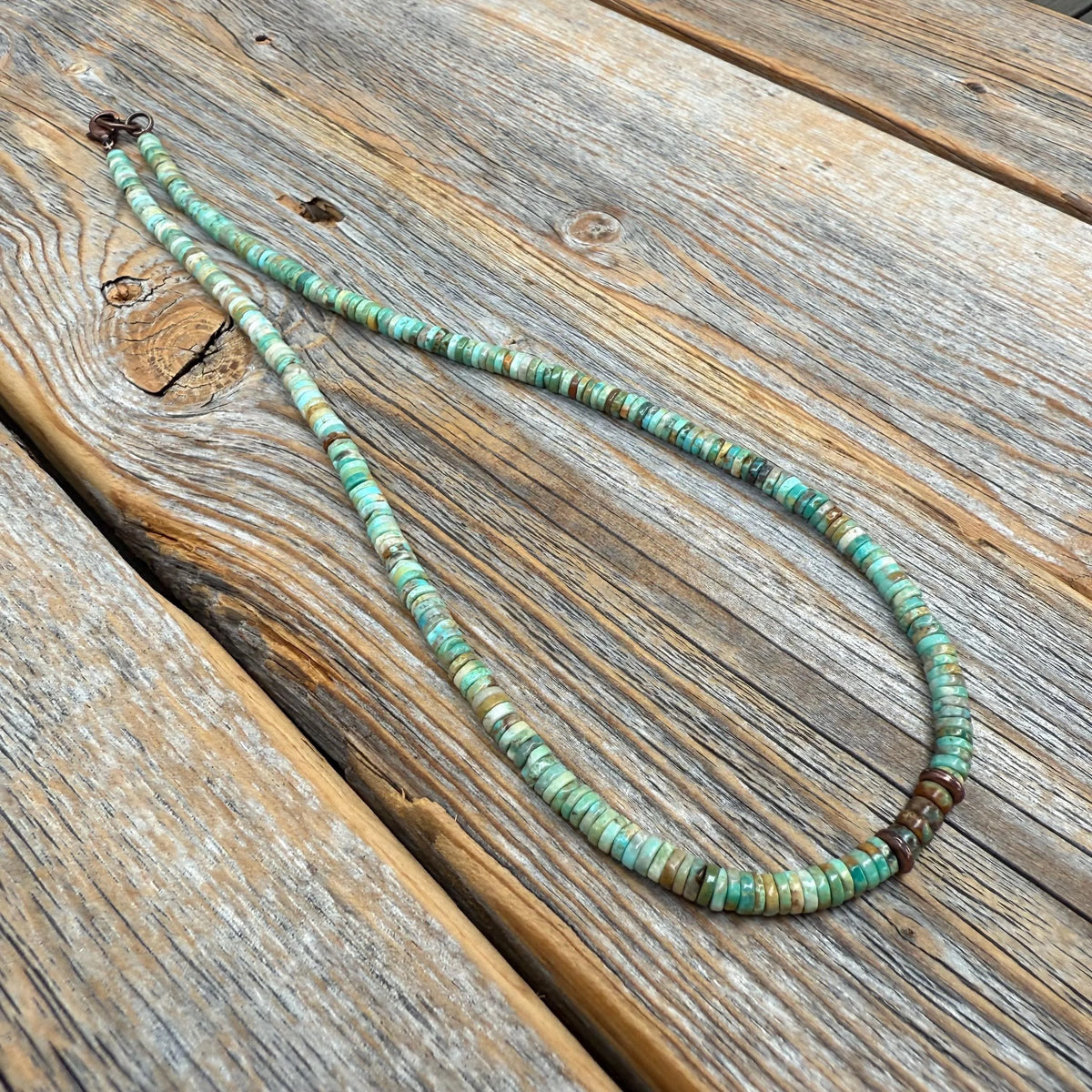 Southwestern Turquoise Heishi Bead Necklace, Hand-Strung 5mm Natural Green and Brown Gemstone Beads, Copper Clasp, Unisex Gift