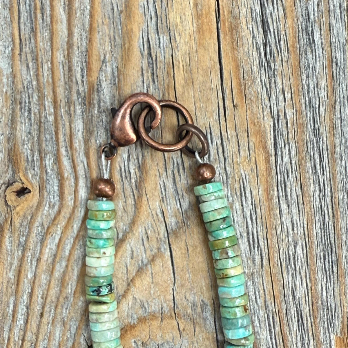 Southwestern Turquoise Heishi Bead Necklace, Hand-Strung 5mm Natural Green and Brown Gemstone Beads, Copper Clasp, Unisex Gift