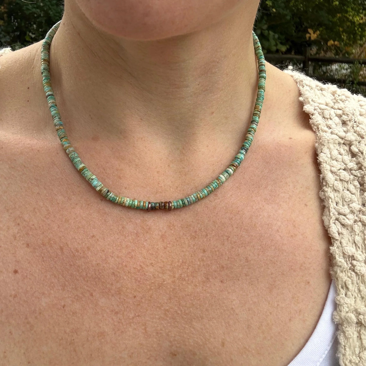 Southwestern Turquoise Heishi Bead Necklace, Hand-Strung 5mm Natural Green and Brown Gemstone Beads, Copper Clasp, Unisex Gift
