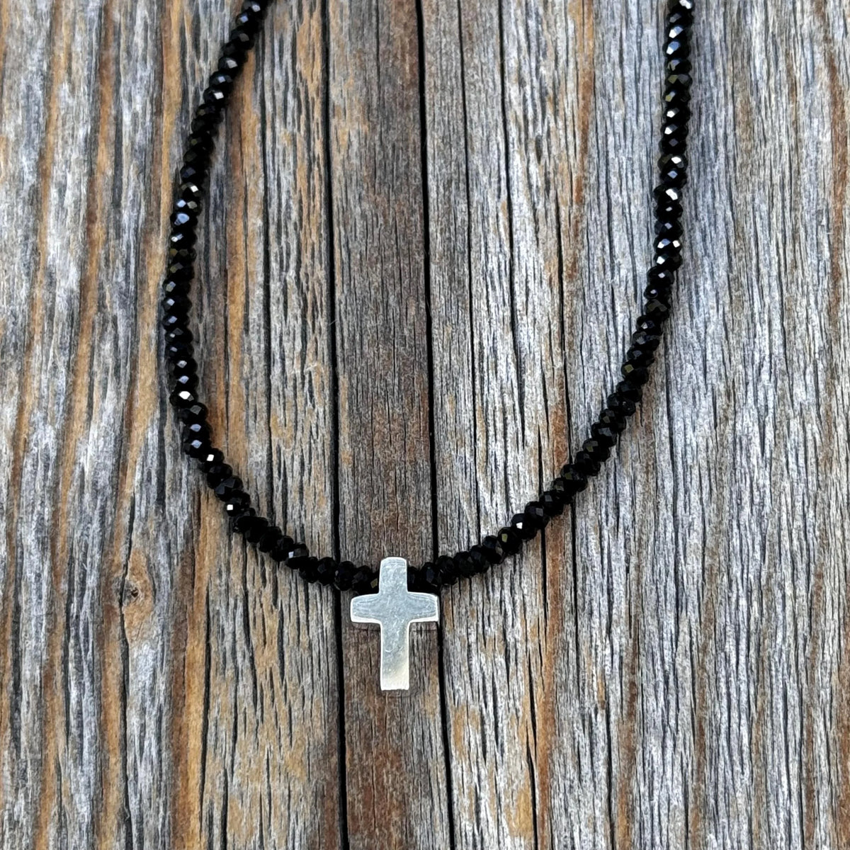 Sterling Silver Cross Necklace - Black Spinel Beaded Faith Jewelry