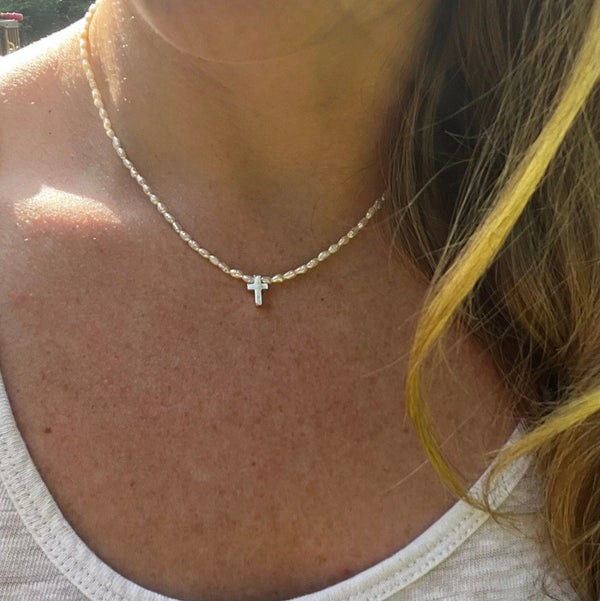 Sterling Silver Cross Necklace – Rice Pearl Beaded Christian Jewelry