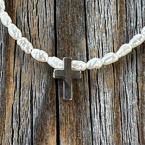 Sterling Silver Cross Necklace – Rice Pearl Beaded Christian Jewelry