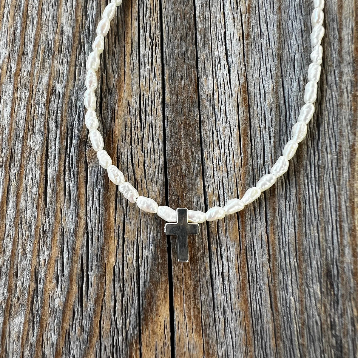 Sterling Silver Cross Necklace – Rice Pearl Beaded Christian Jewelry