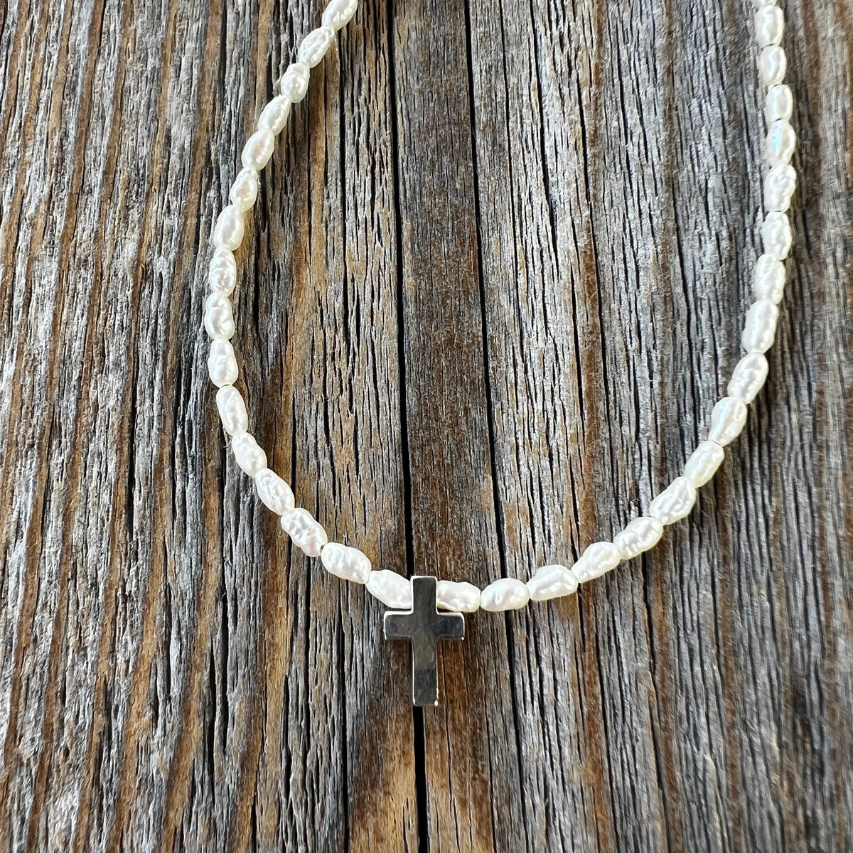 Sterling Silver Cross Necklace – Rice Pearl Beaded Christian Jewelry