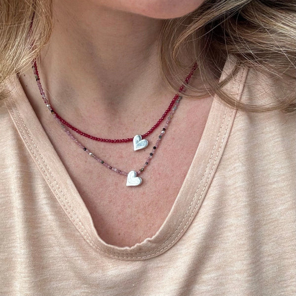Sterling Silver Heart Necklace, Ruby Tourmaline Gemstone Jewelry