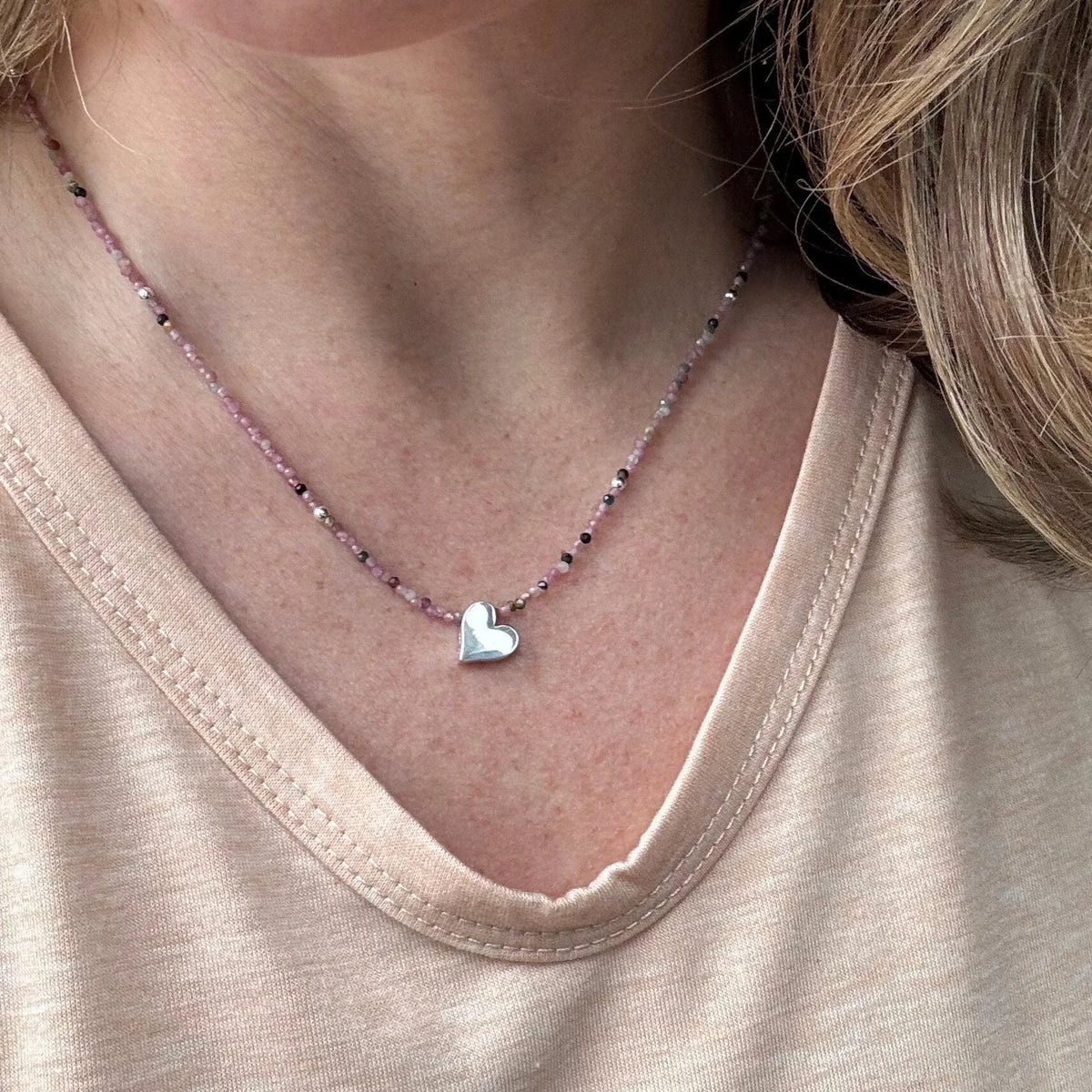 Sterling Silver Heart Necklace, Ruby Tourmaline Gemstone Jewelry