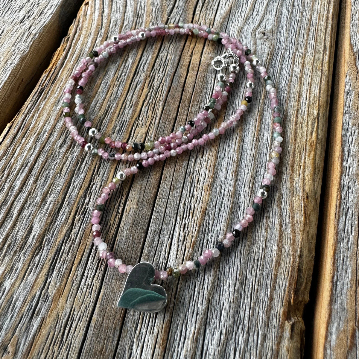 Sterling Silver Heart Necklace, Ruby Tourmaline Gemstone Jewelry