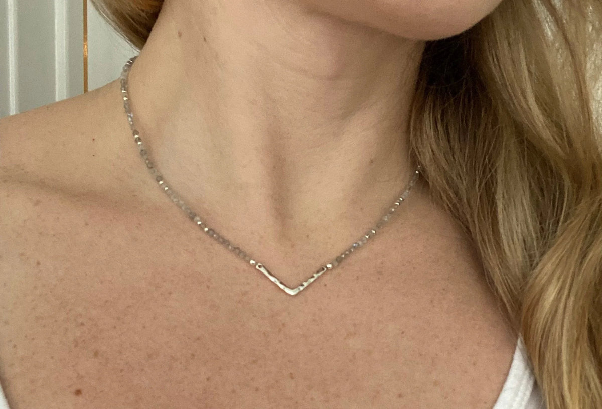 Sterling Silver Labradorite Chevron Necklace – Minimalist Beaded Jewelry