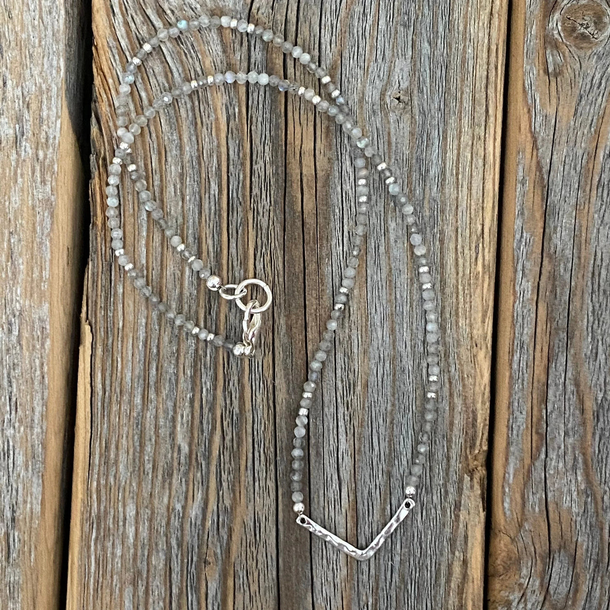 Sterling Silver Labradorite Chevron Necklace – Minimalist Beaded Jewelry