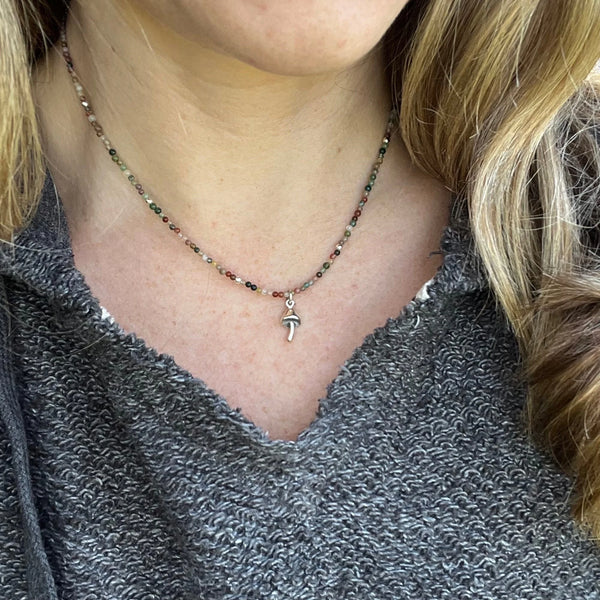 Sterling Silver Mushroom Necklace – Jasper Beaded Boho Pendant