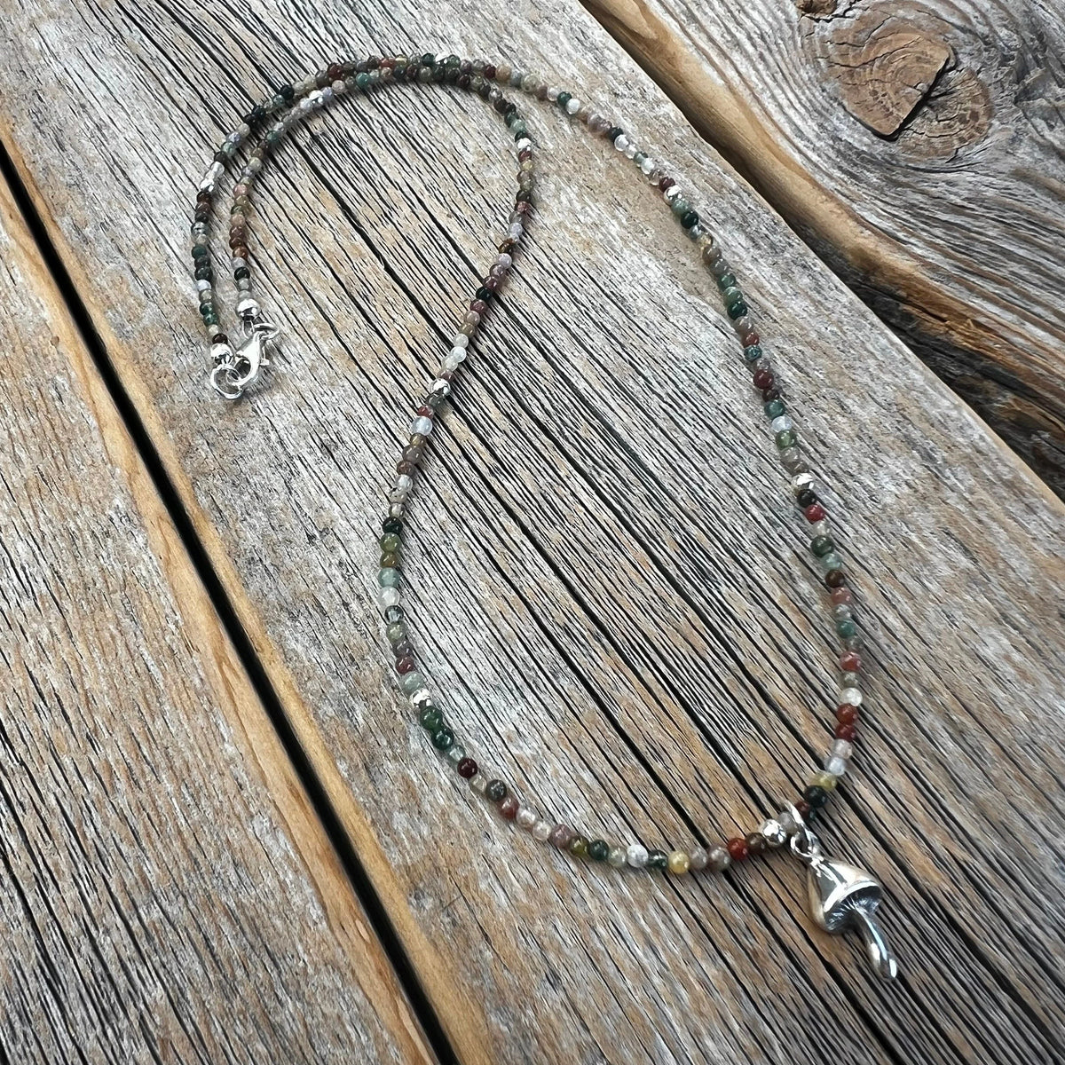 Sterling Silver Mushroom Necklace – Jasper Beaded Boho Pendant